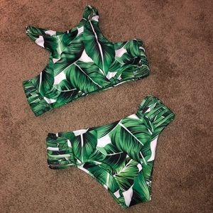 High neck leaf print bikini